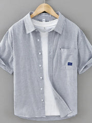 Men's Plus Size Striped Button Up Short Sleeve Shirt Grey / M