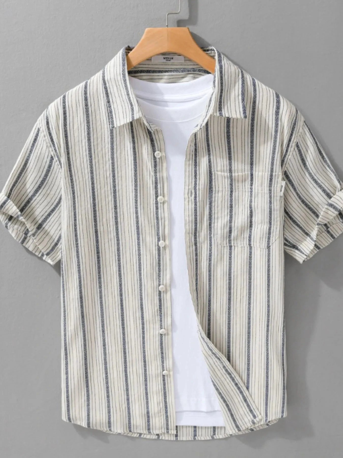 Men's Plus Size Striped Button Up Short Sleeve Shirt Rice White Stripes / M