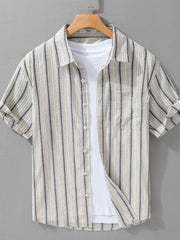 Men's Plus Size Striped Button Up Short Sleeve Shirt Rice White Stripes / M