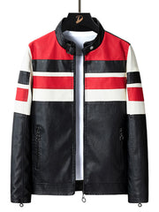 Men's Plus Size Striped Leather Moto Jacket