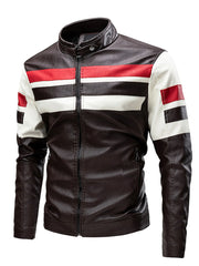 Men's Plus Size Striped Leather Moto Jacket Coffee Brown / M