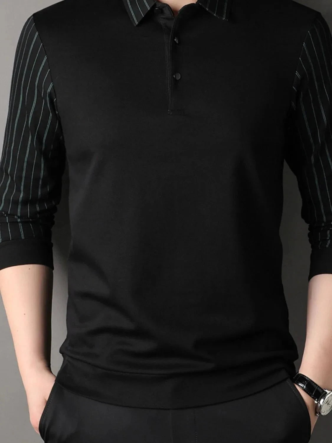 Men's Plus Size Striped Long Sleeve Polo Green / M