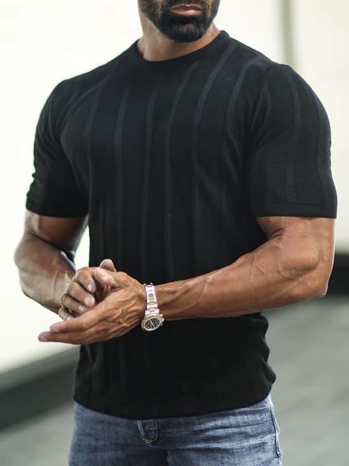 Men's Plus Size Striped Round Neck Short Sleeve T-Shirt Black / 2XL