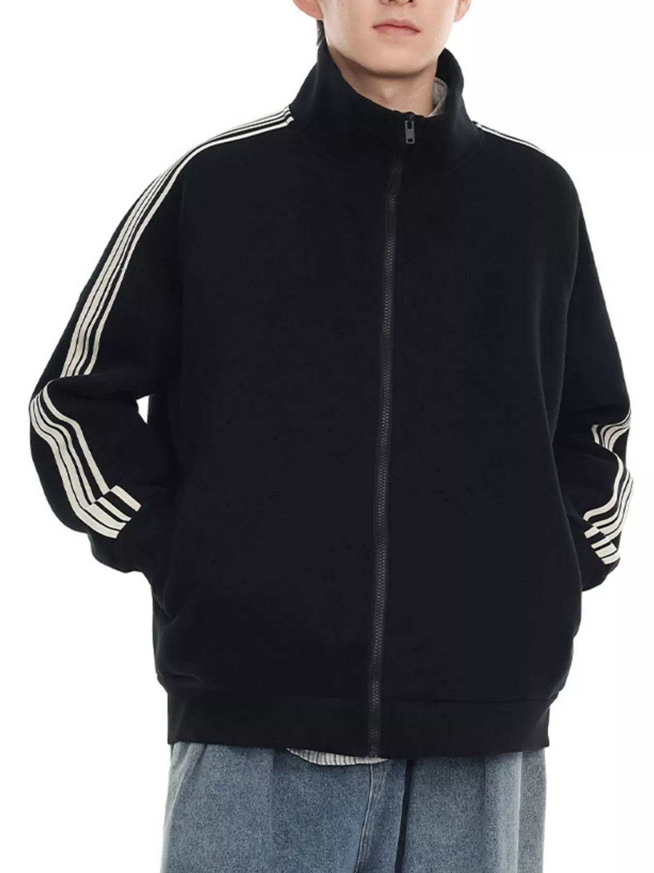 Men's Plus Size Striped Sleeve Zip-Up Sweatshirt Black / M