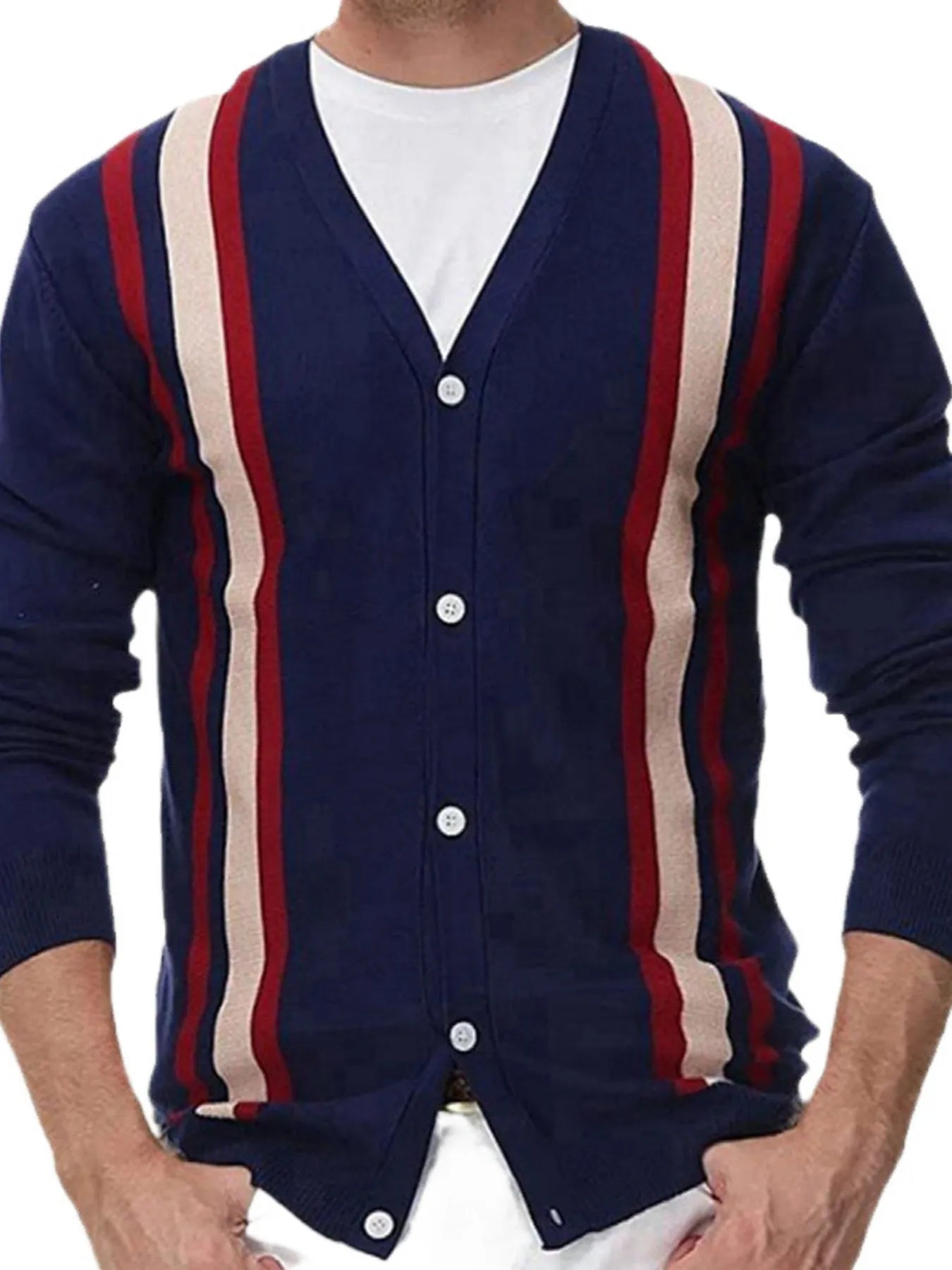 Men's Plus Size Striped V-Neck Button-Up Cardigan