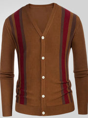 Men's Plus Size Striped V-Neck Button-Up Cardigan Brown / M
