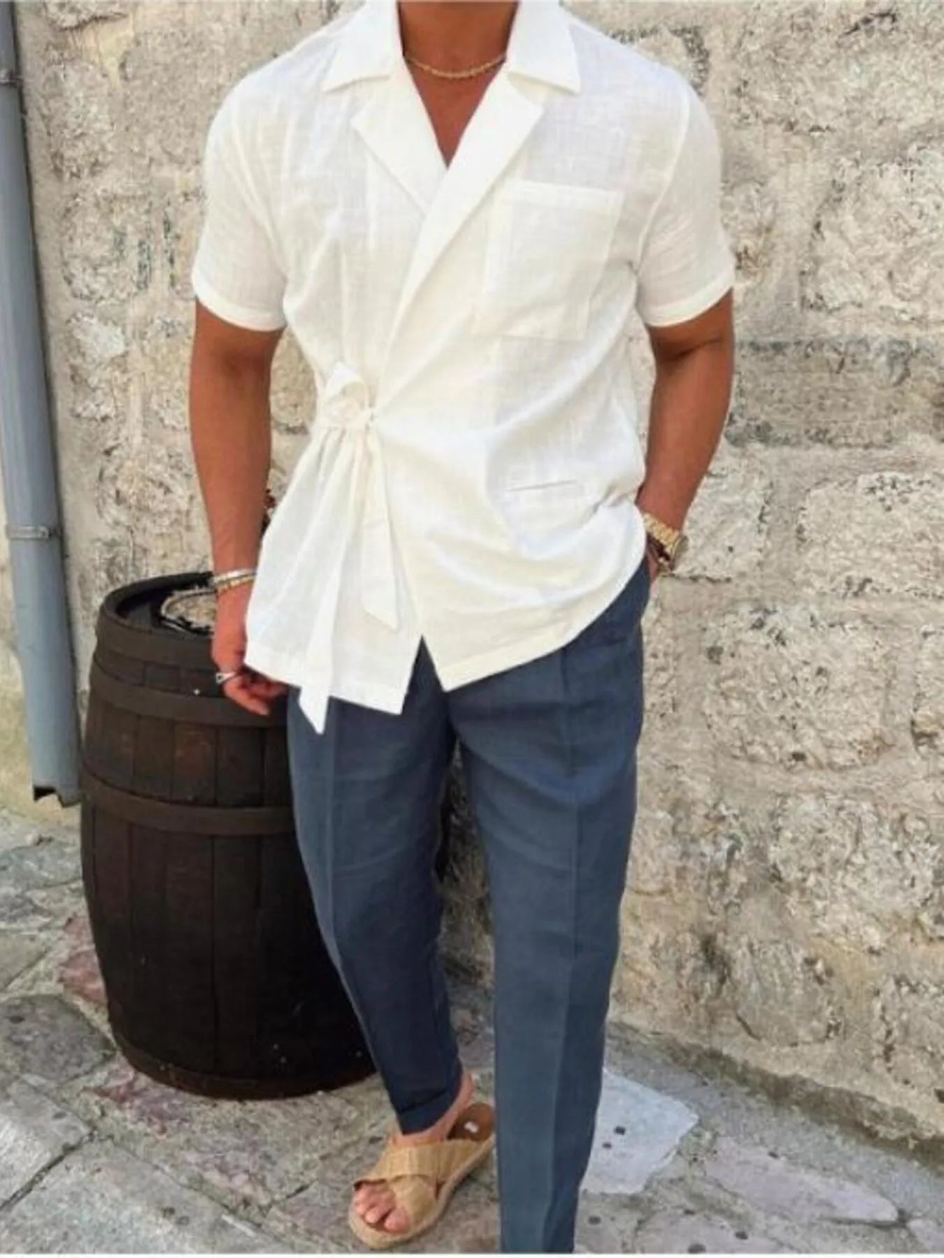 Men's Plus Size Tied Lightweight Linen Wrap Top