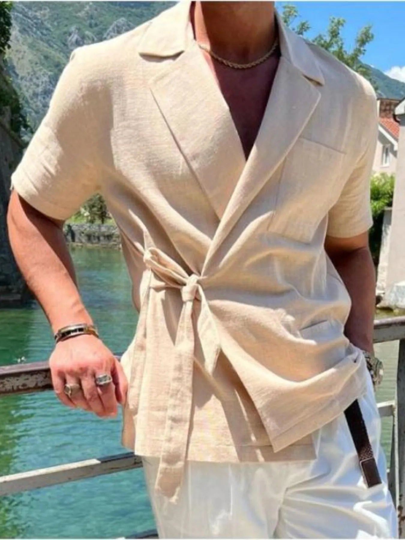 Men's Plus Size Tied Lightweight Linen Wrap Top