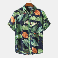 Men's Plus Size Tropical Leaf Print Hawaiian Short Sleeve Casual Shirt Dark Green / M