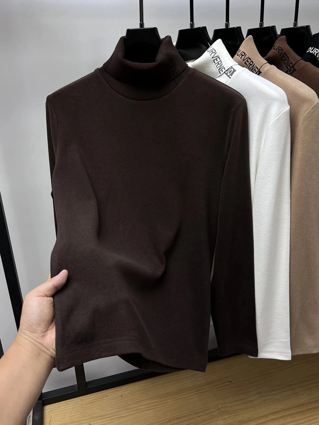 Men's Plus Size Turtleneck Long Sleeve Top Coffee Color / M