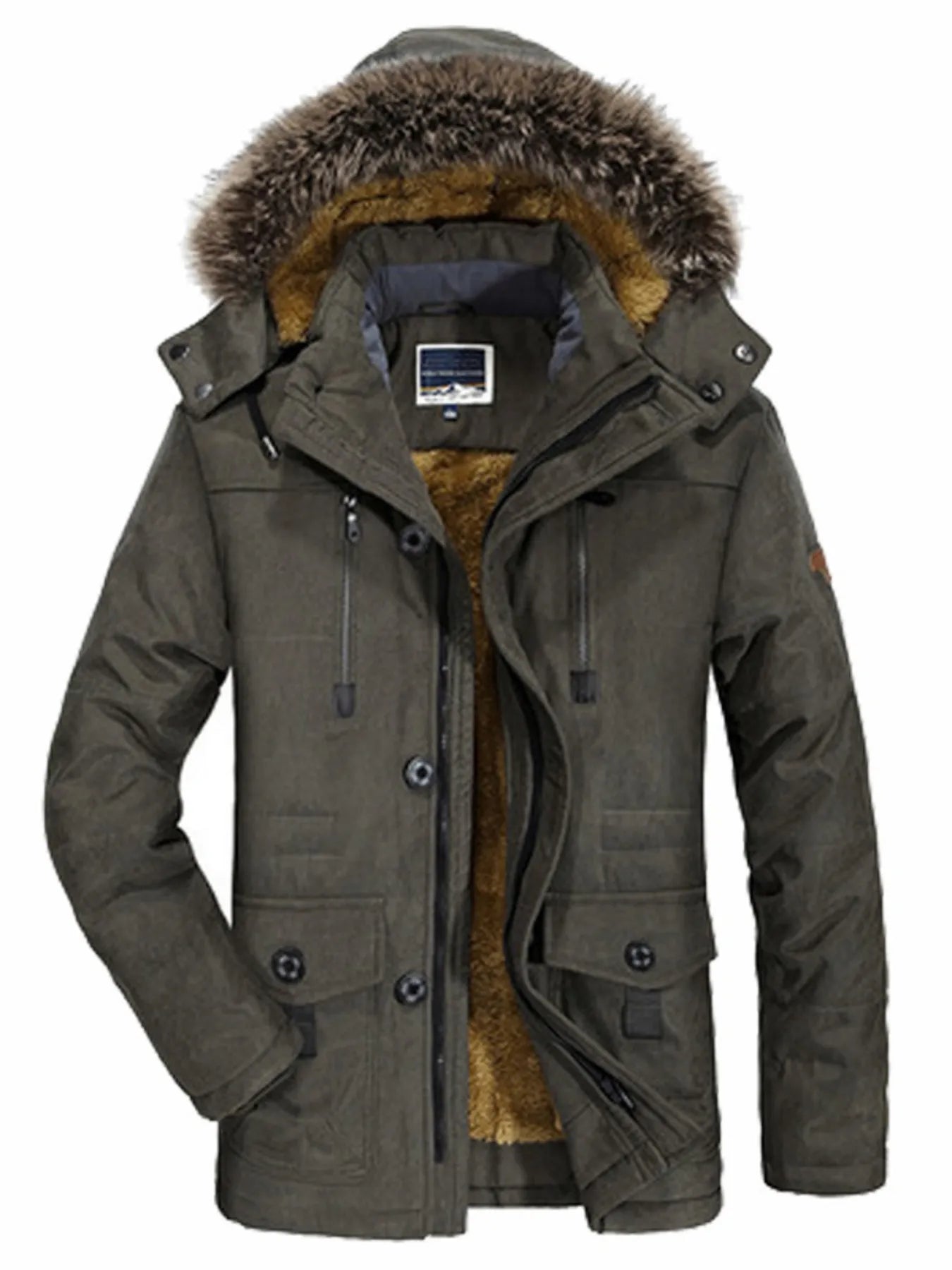 Men's Plus Size Warm Fur Hooded Winter Coat Army Green / L