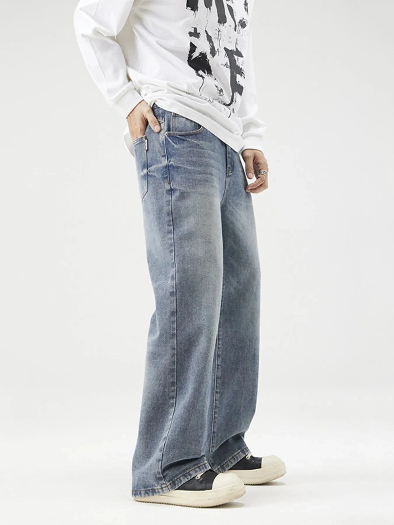 Men's Plus Size Wash Wide Leg Relaxed Fit Jeans