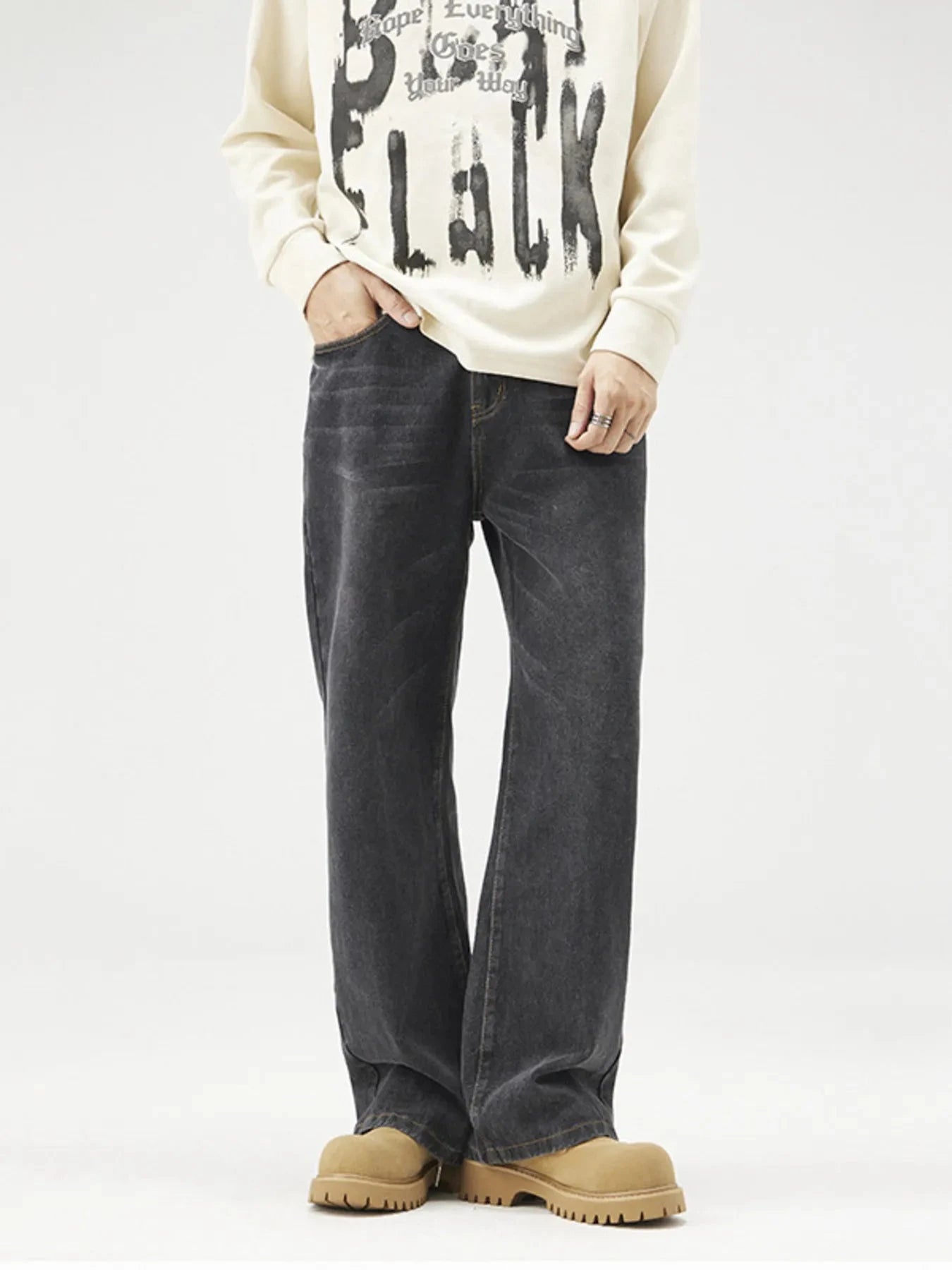 Men's Plus Size Wash Wide Leg Relaxed Fit Jeans Black / M