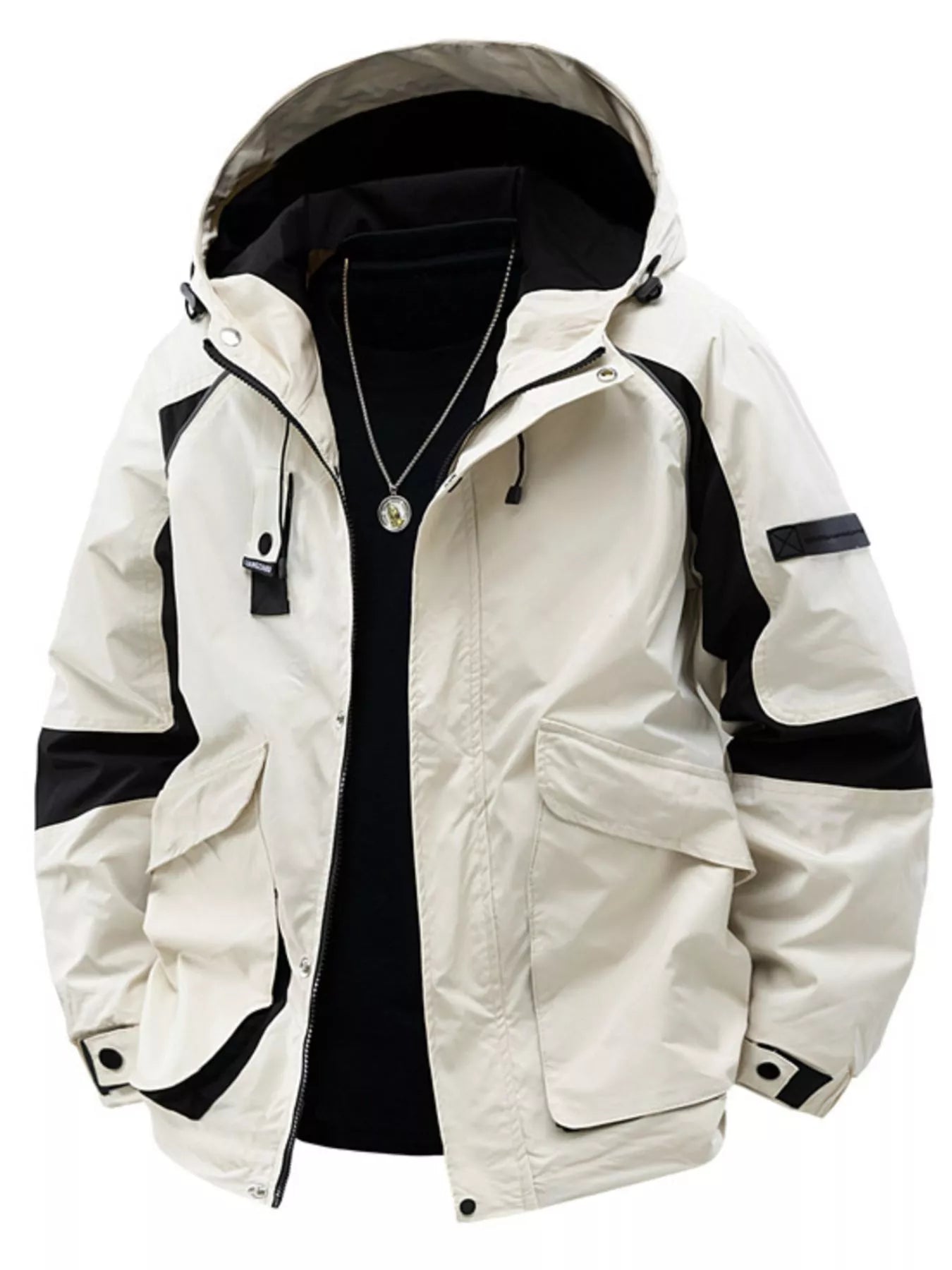 Men's Plus Size Zip Up Hooded Outdoor Jacket Ivory White / M