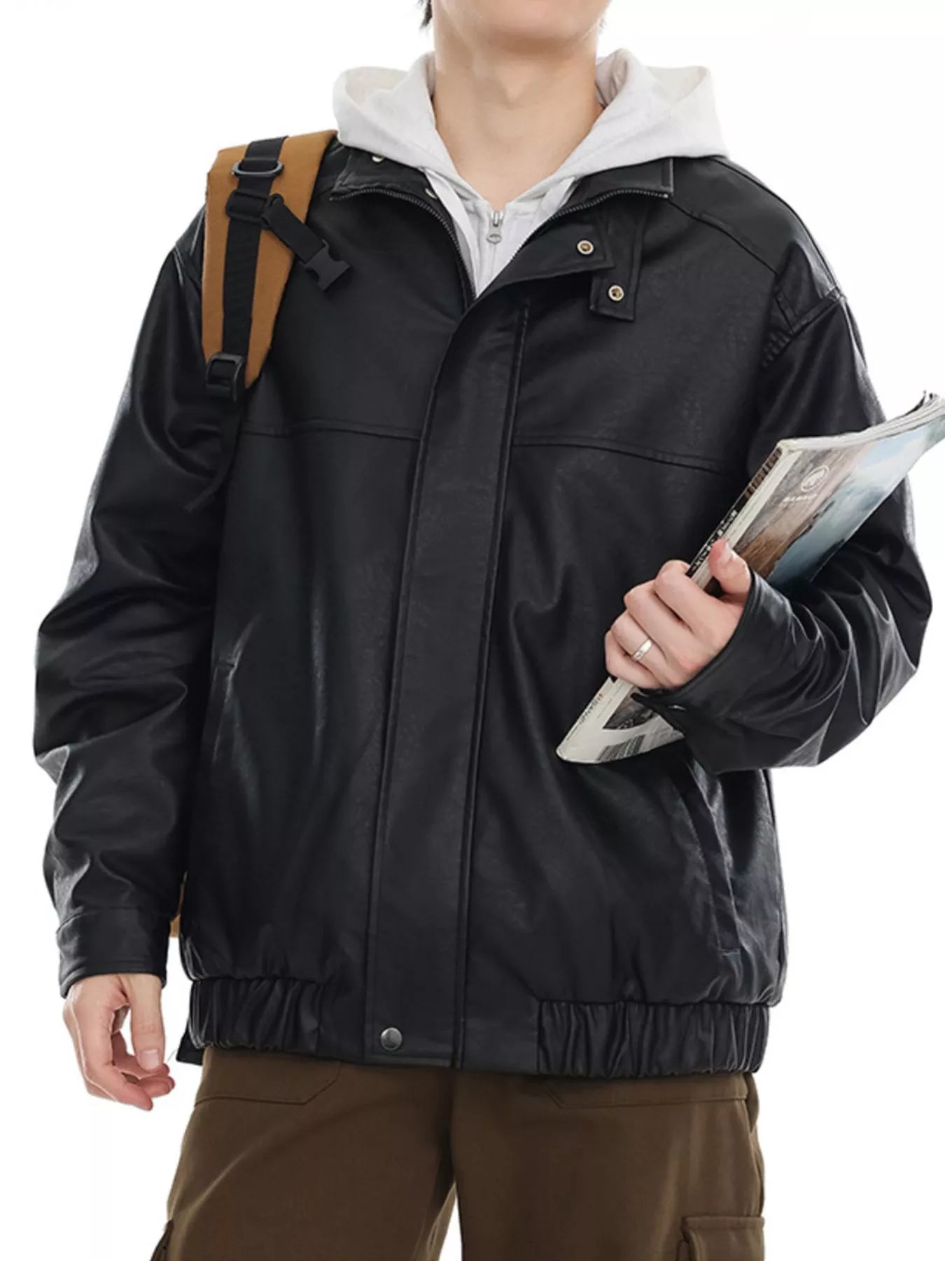 Men's Plus Size Zip Up Leather Bomber Jacket