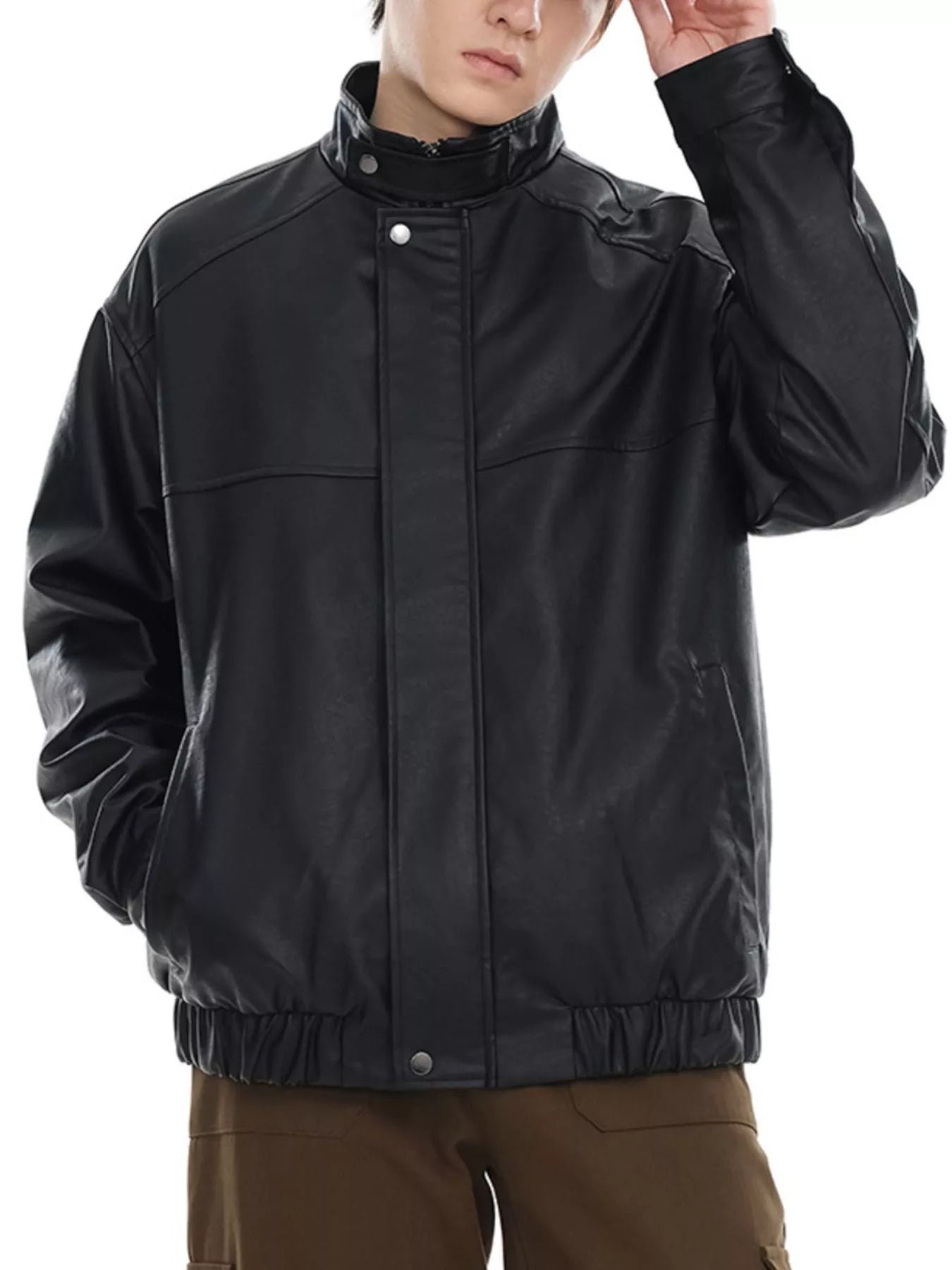 Men's Plus Size Zip Up Leather Bomber Jacket Black / M