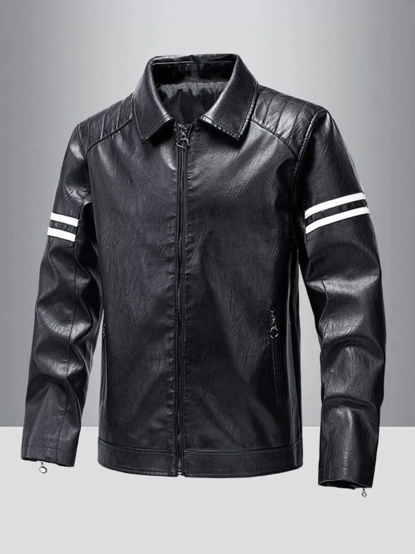 Men's Plus Size Zip Up Leather Motorcycle Jacket Black / L