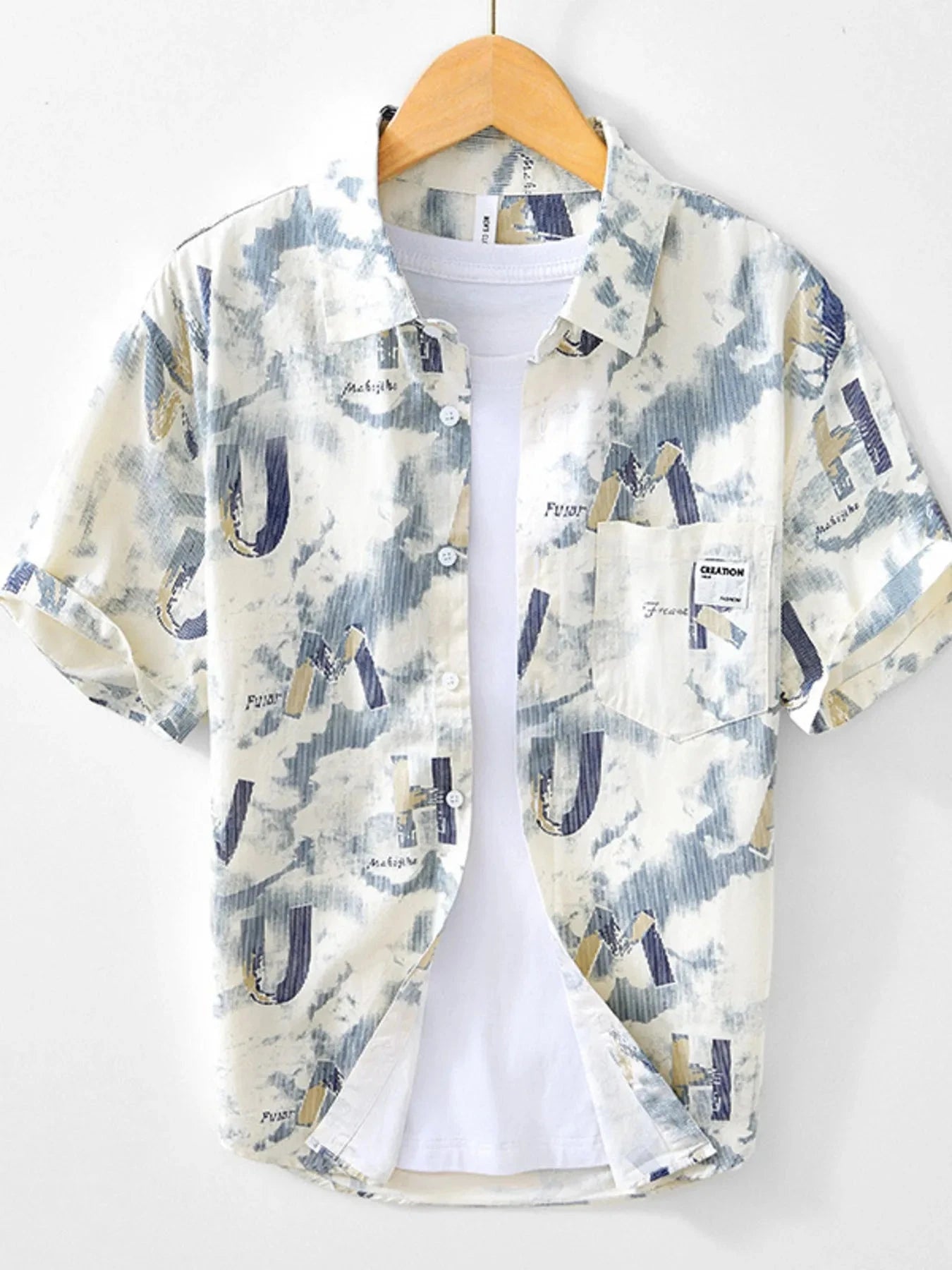 Men's Printed Button Up Short Sleeve Shirt Apricot / 170/88A