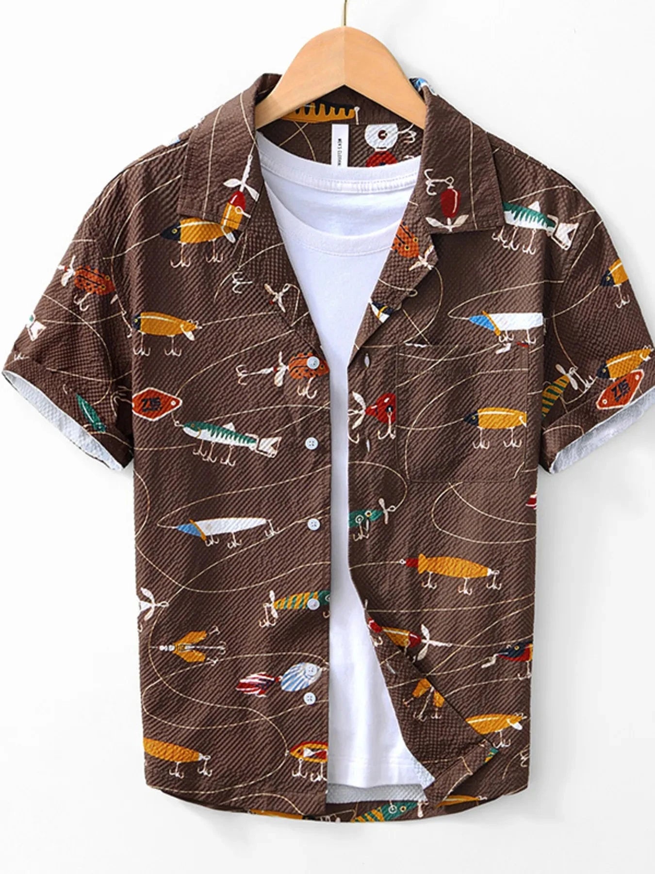 Men's Printed Button Up Short Sleeve Shirt Coffee / M
