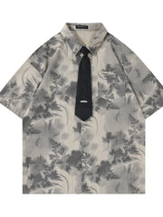 Men's Printed Button Up Short Sleeve Shirt Grey / M