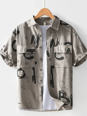 Men's Printed Button Up Short Sleeve Shirt Military Green / 170/88A