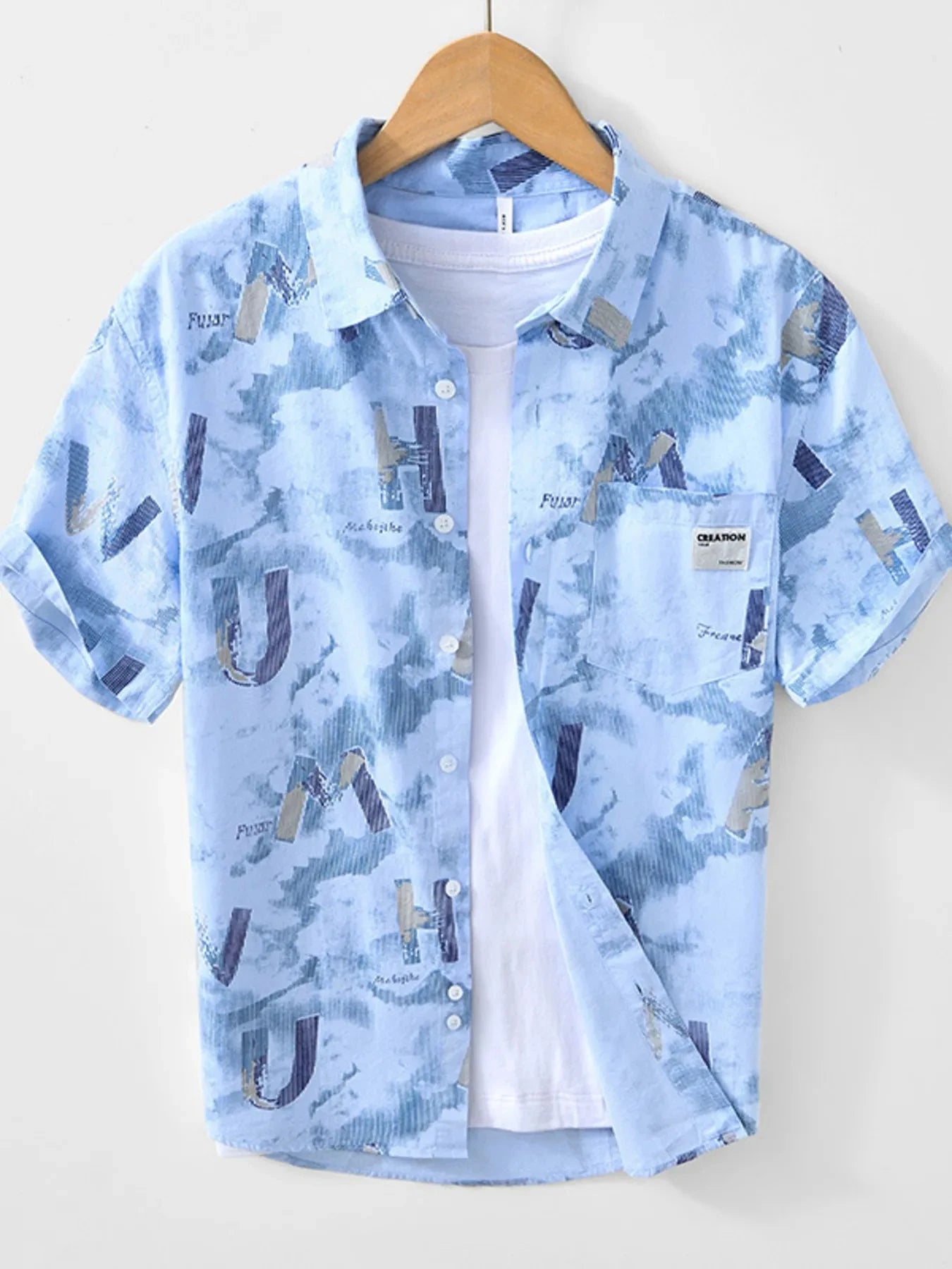 Men's Printed Button Up Short Sleeve Shirt Sky Blue / 170/88A