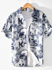 Men's Printed Button Up Short Sleeve Shirt White / 170/88A