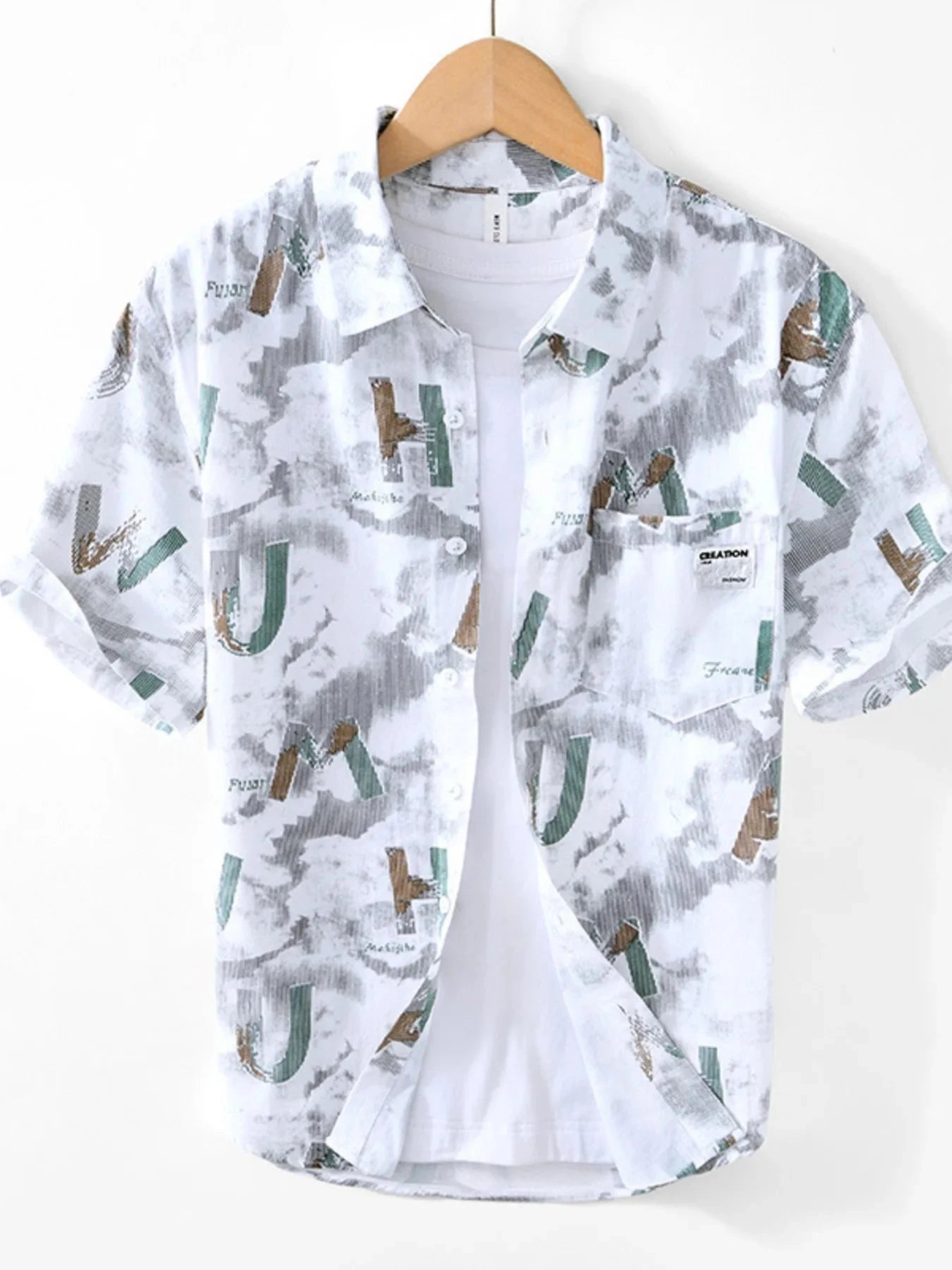 Men's Printed Button Up Short Sleeve Shirt White / 170/88A