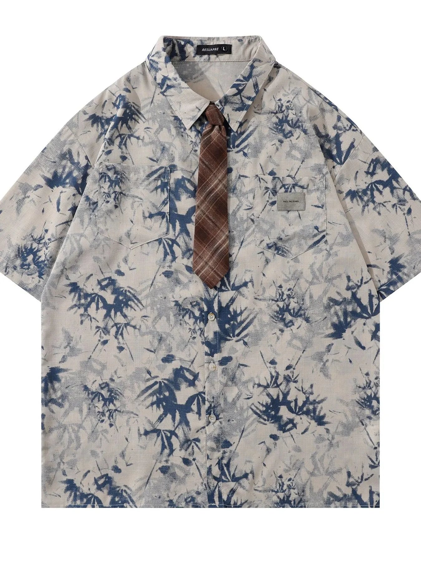 Men's Printed Short Sleeve Shirt with Tie Blue / M