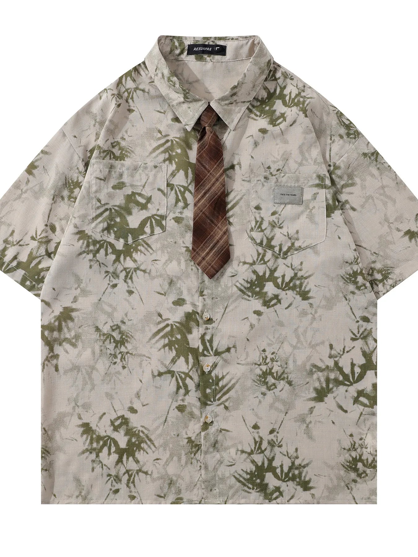 Men's Printed Short Sleeve Shirt with Tie Green / M