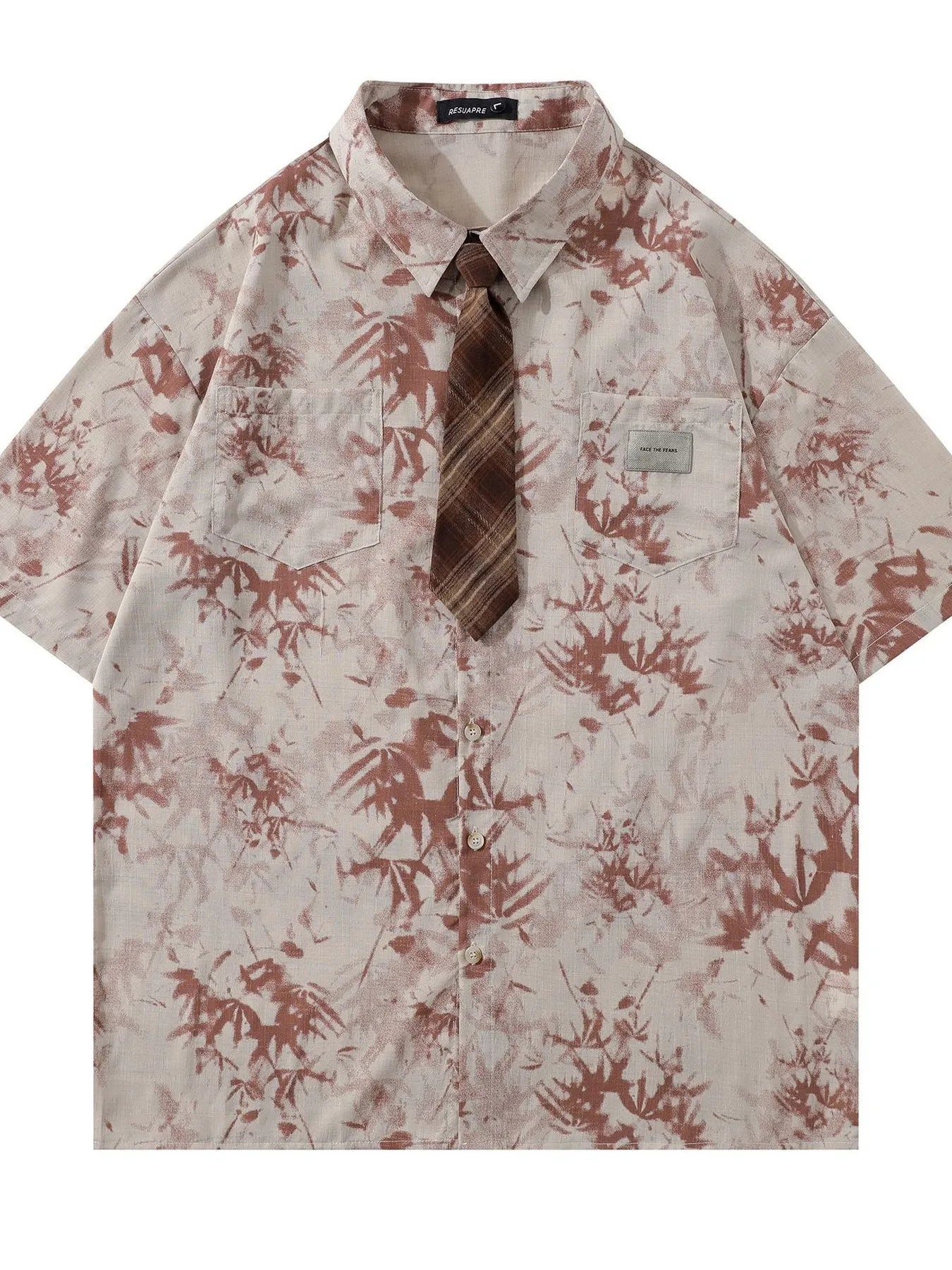 Men's Printed Short Sleeve Shirt with Tie Red / M