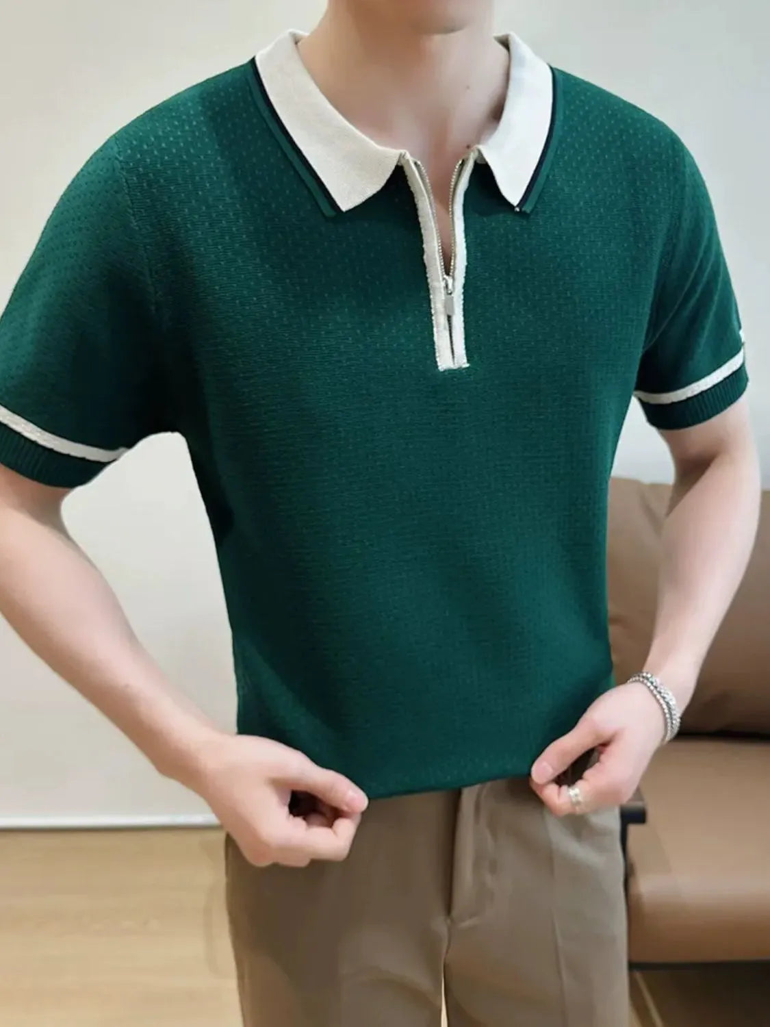 Men's Quarter Zip Short Sleeve Polo Dark Green / M