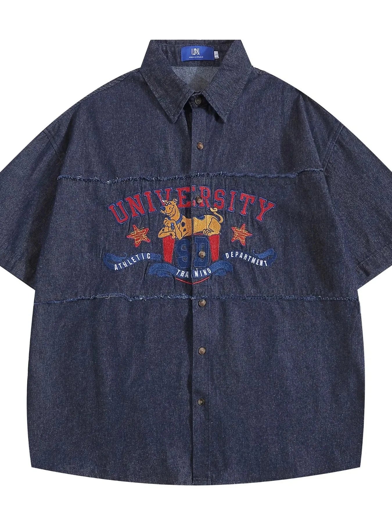 Men's Raw Hem Short Sleeve Denim Shirt Dark Blue / M