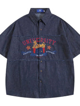 Men's Raw Hem Short Sleeve Denim Shirt Dark Blue / M