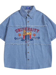 Men's Raw Hem Short Sleeve Denim Shirt Light Blue / M