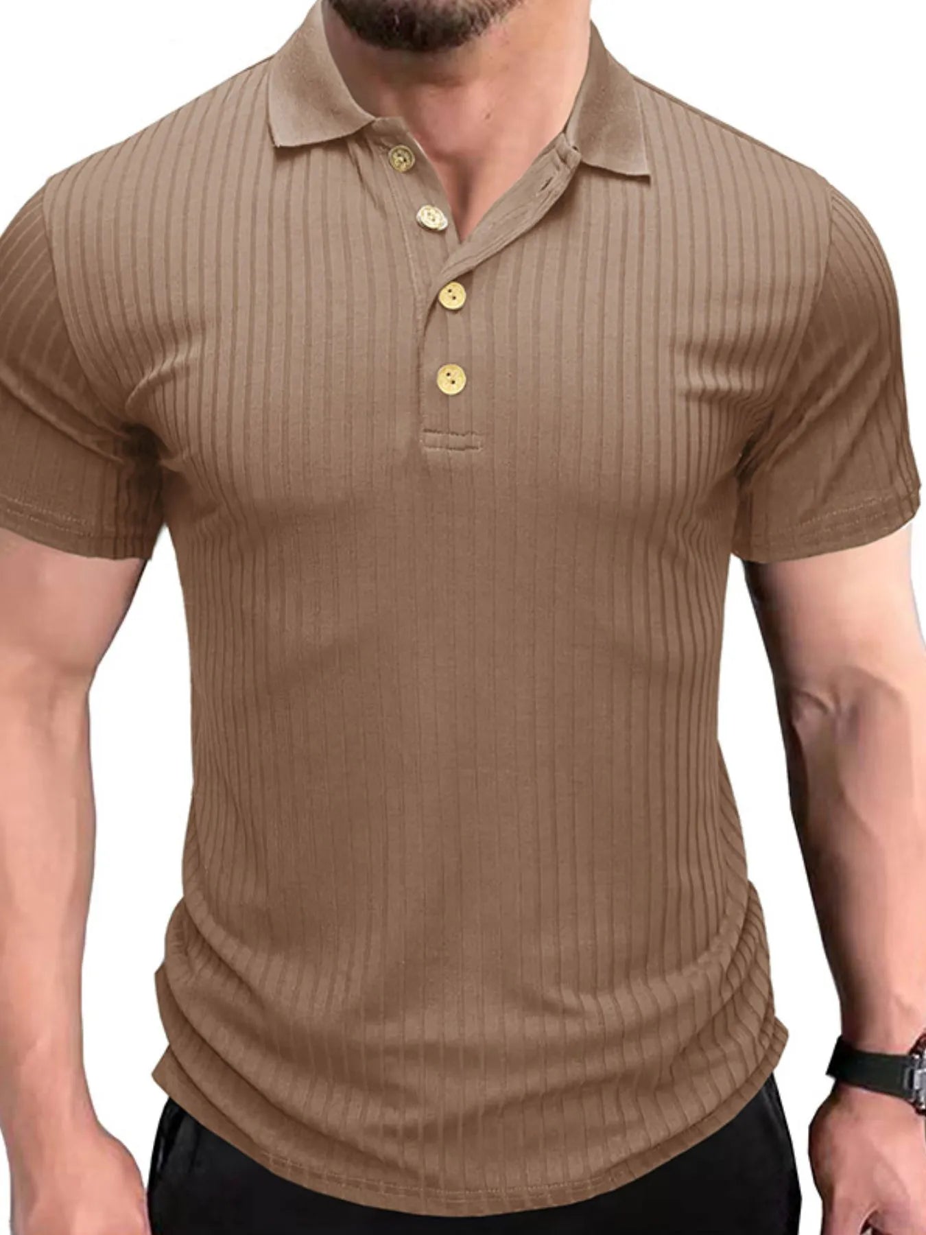 Men's Ribbed Knit Slim Fit Polo Shirt Mocha / S