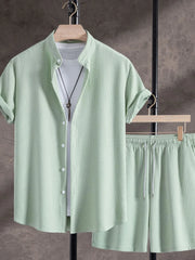 Men's Ribbed Short Sleeve Shirt and Shorts Set Green / S