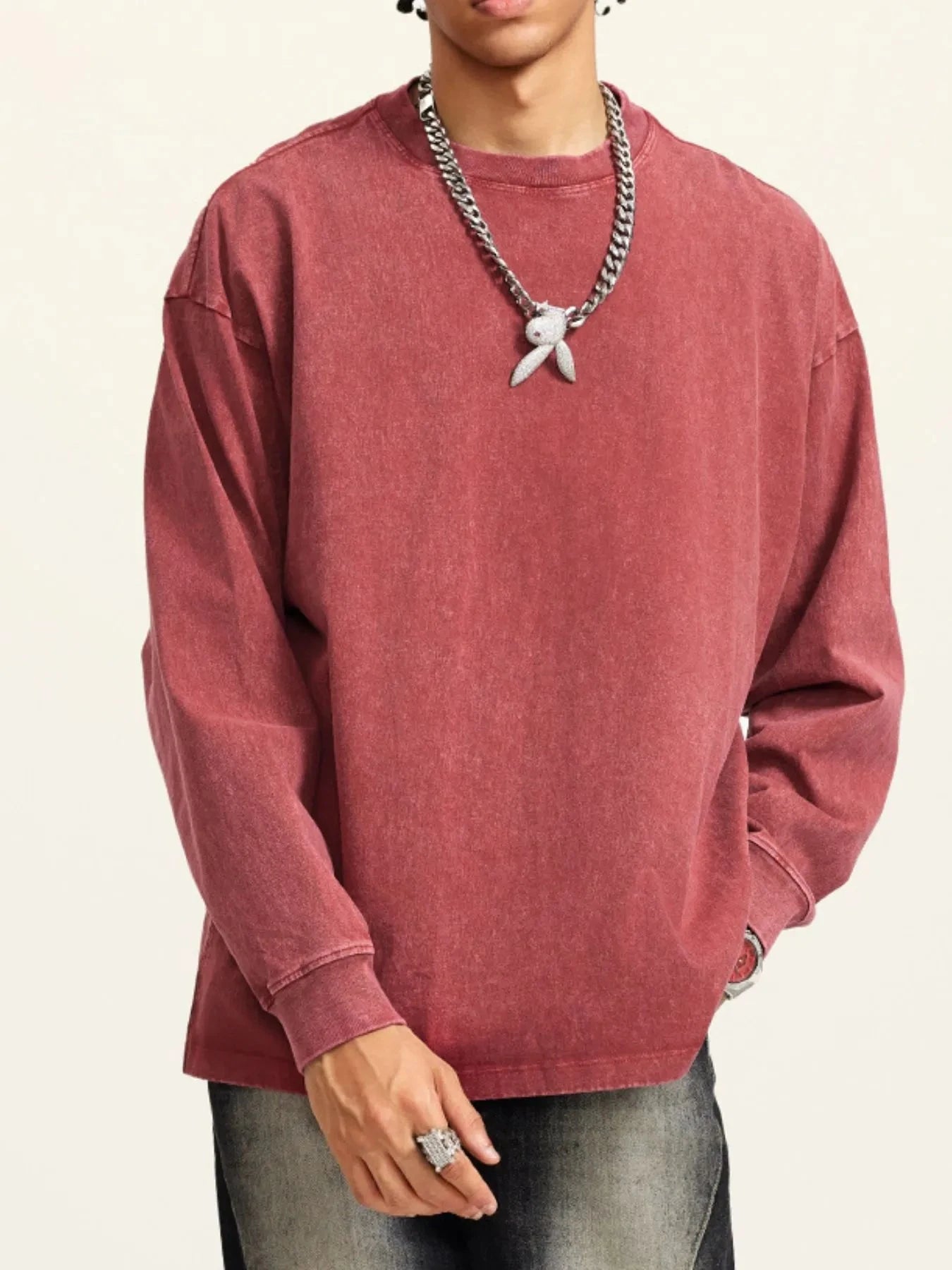 Men's Round Neck Long Sleeve T-Shirt Retro Red / XS
