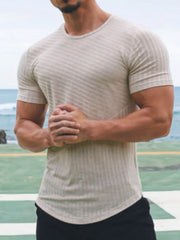 Men's Round Neck Short Sleeve Striped T-Shirt Light Gray / XXL