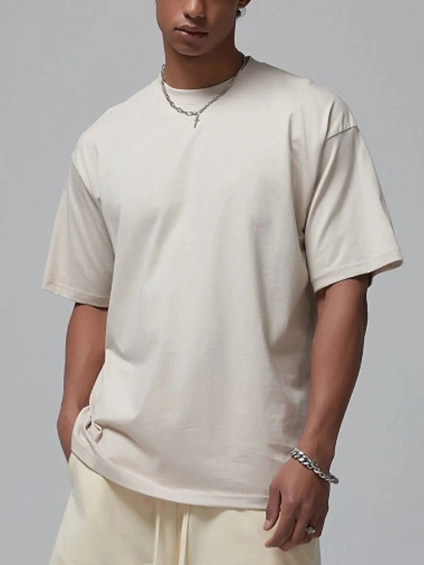 Men's Round Neck Short Sleeve T-Shirt Beige / S