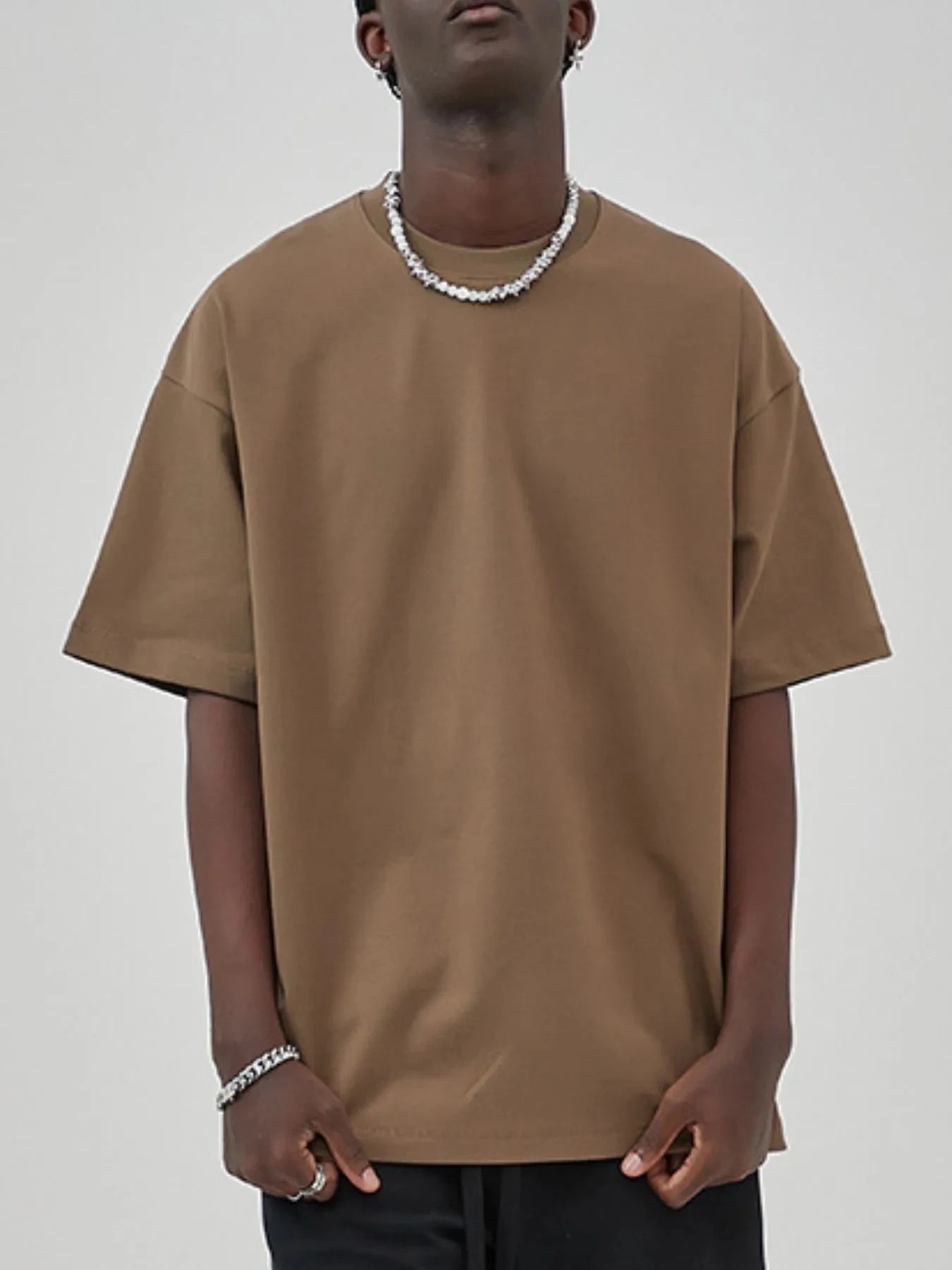 Men's Round Neck Short Sleeve T-Shirt Brown-fg / S