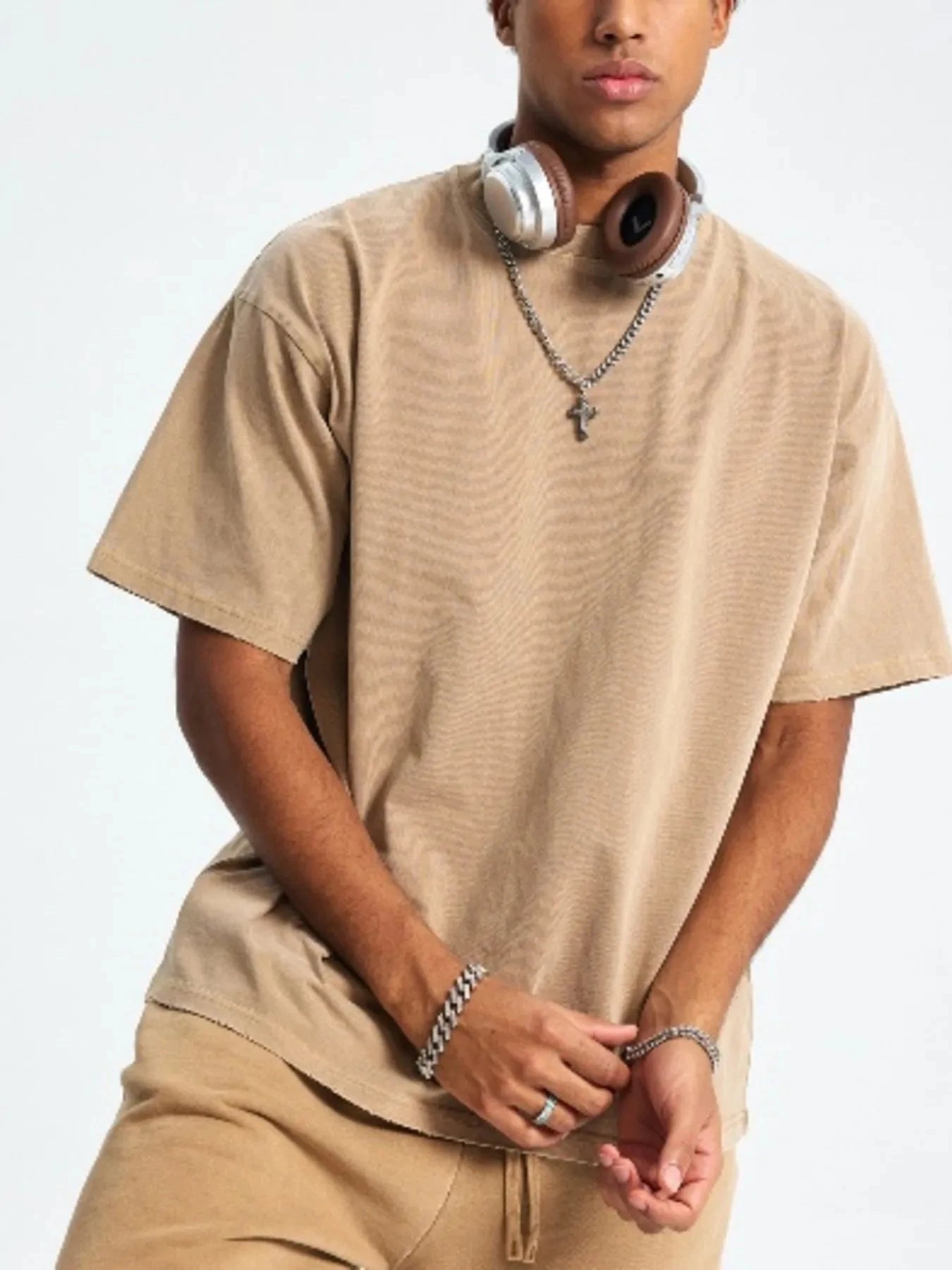 Men's Round Neck Short Sleeve T-Shirt Retro Camel / S