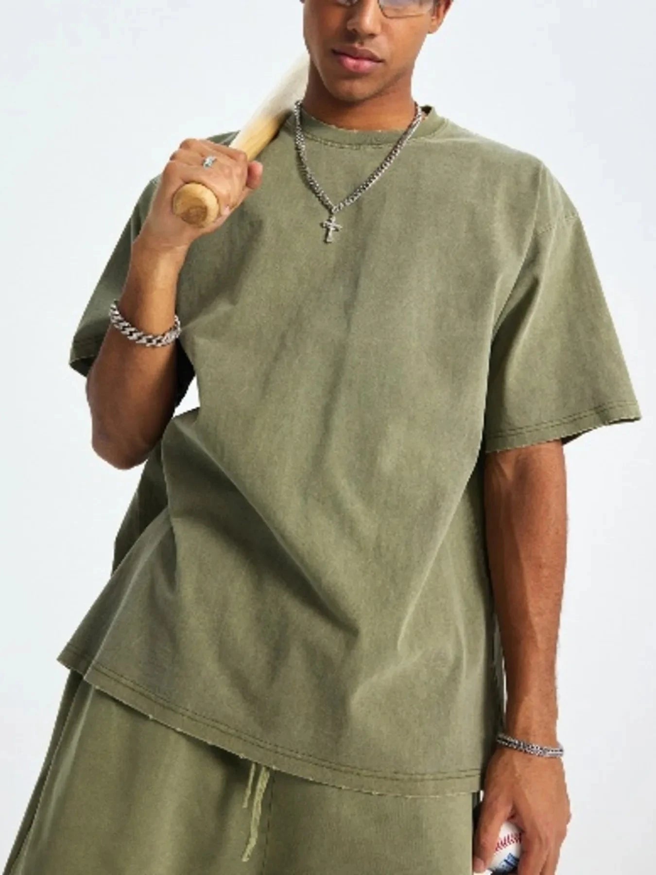 Men's Round Neck Short Sleeve T-Shirt Vintage Gray Green / S