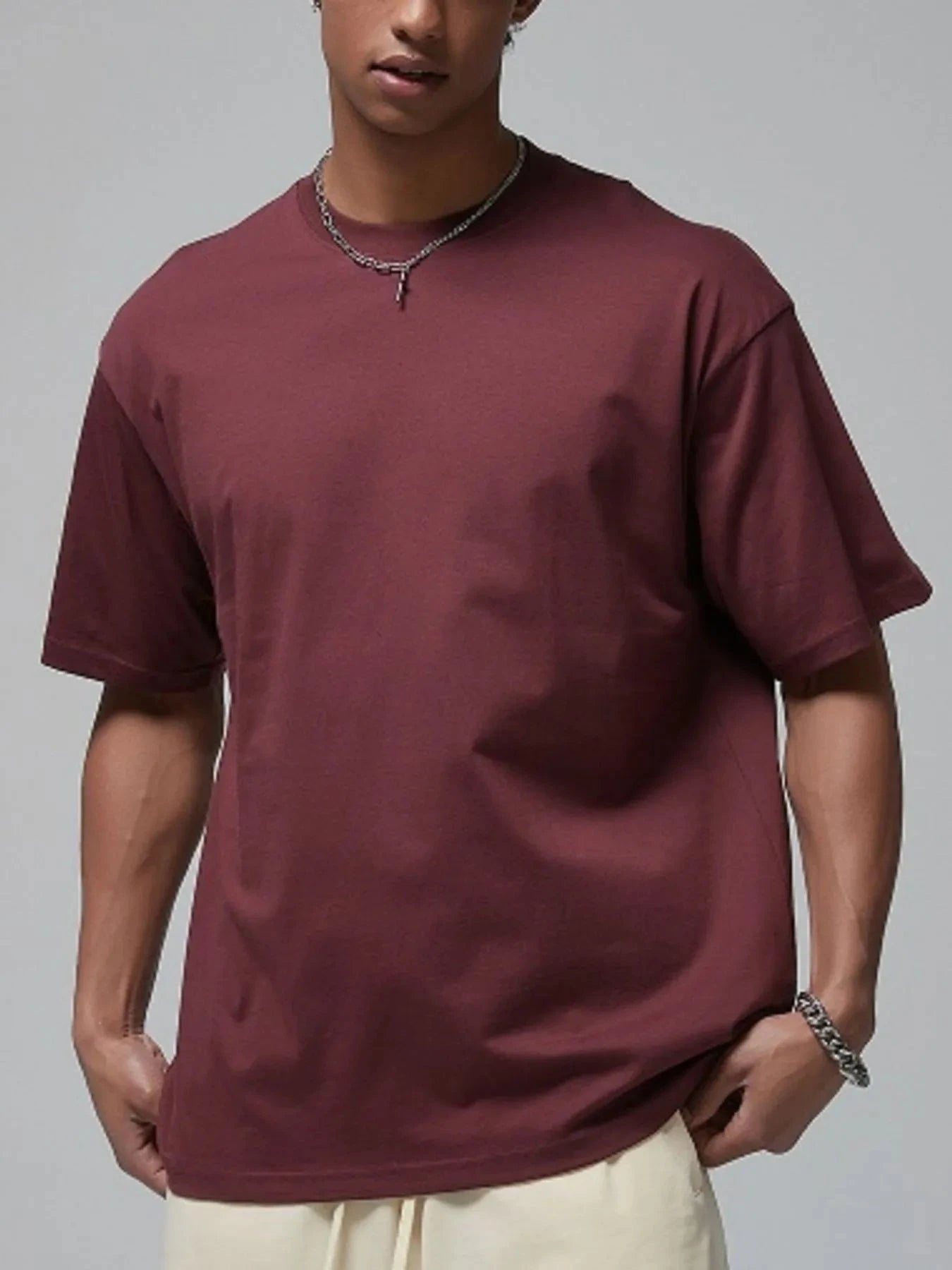 Men's Round Neck Short Sleeve T-Shirt Wine Red / S