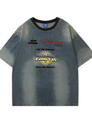 Men's Round Neck Washed Denim Top Blue / M