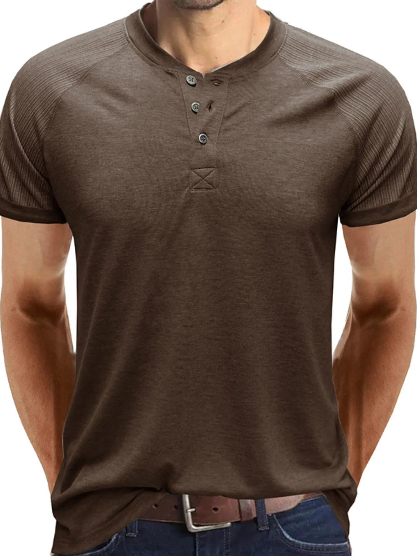 Men's Short Sleeve Henley Button Top Coffee Brown / S