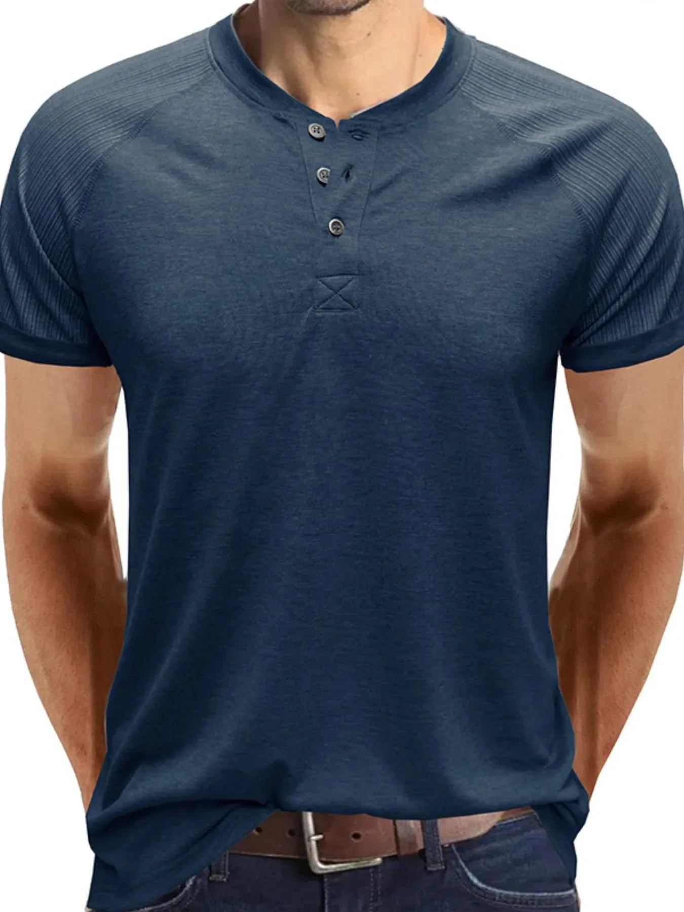 Men's Short Sleeve Henley Button Top Peacock Blue / S