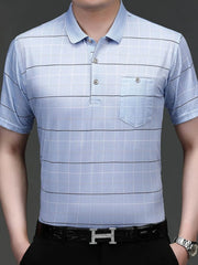 Men's Striped Button Detail Short Sleeve Polo Light Blue / 165