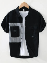 Men's Striped Button Front Short Sleeve Shirt Black / 170/88A