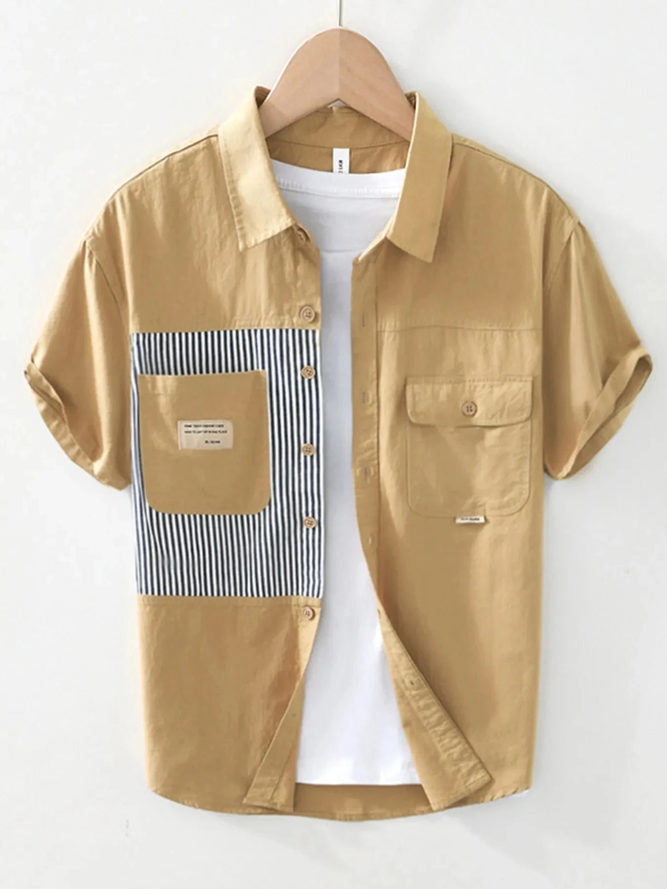 Men's Striped Button Front Short Sleeve Shirt Khaki / 170/88A